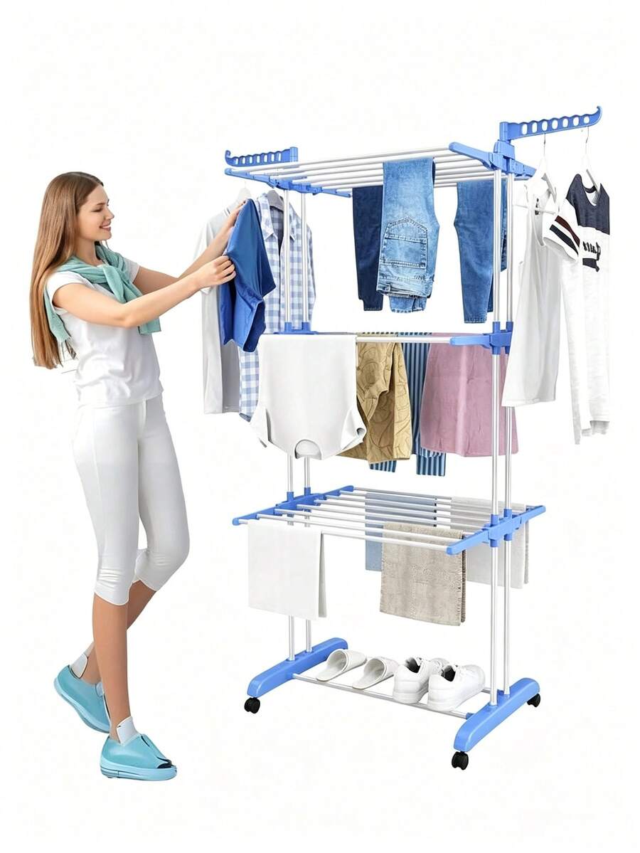 1pc Large Floor Clothes Drying Rack With Wheels-Multi-Layer Metal Drying Rack, Stable Structure, Space Saving, Easy To Install, Foldable Garment Rack, Suitable For Living Room, Bedroom, Dormitory And Apartment - A - View 1