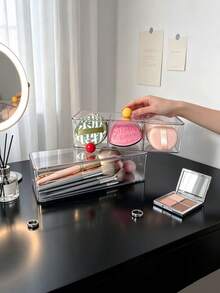 1pc Round Makeup Storage Box With Colorful Handle, Divided Compartment Design, High Transparency Material, Waterproof And Dust-Proof, Organizer For Makeup Brushes, Powder Puffs, Cushion Compacts And Powder Cakes, Vanity Organizer For Girls' Dorm And Rental Apartment - Multicolor - View 6