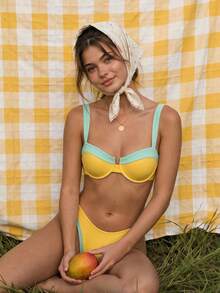HOTTIE HABIT Women Colorblock Bikini Set Underwire Support Two Pieces Swimsuit Contrast Trim High Cut Summer Beach Pool Bathing Suit - Yellow - View 3