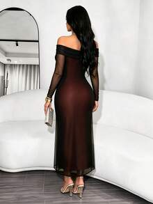RNU Women's Autumn/Winter Evening Party Dress, Off-Shoulder Contrast Color Mesh Long Dress With Ruched 2 In 1 Design, Mesh Long Sleeve Slim Fit Dress, Atmospheric Party Gown - Black - View 2