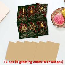 12pcs Christmas Greeting Cards With Envelopes, 6 Styles Deep Green Vintage Christmas Candle Bell Skating Lantern Pattern Holiday Note Cards, Merry Christmas Blank Cards, Suitable For Seasonal Greetings And Party Invitations - Multicolor - View 5