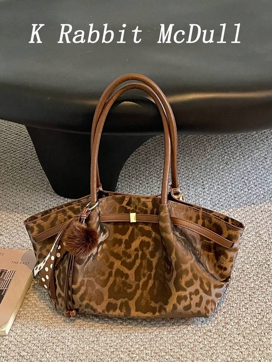 New Vintage Leopard-Print Women's Tote Bag With Charms, Fashionable Strap Accents, Shoulder Bag, Large-Capacity Handbag, Wallet