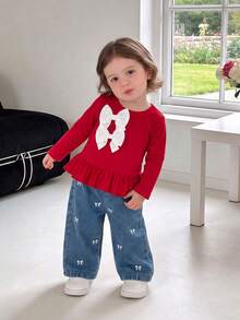 Bộ 2 món bé gái gồm áo cổ tròn tay dài và quần dài denim - Đỏ - Xem 1