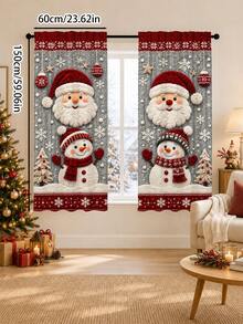 2Pcs Santa Claus & Snowman Christmas Snowflake Pattern Printed Semi-Sheer Rod Pocket Holiday Window Curtains, Cute Cartoon Design, Suitable For Living Room And Bedroom, Rod Not Included, Machine Washable - C - View 12