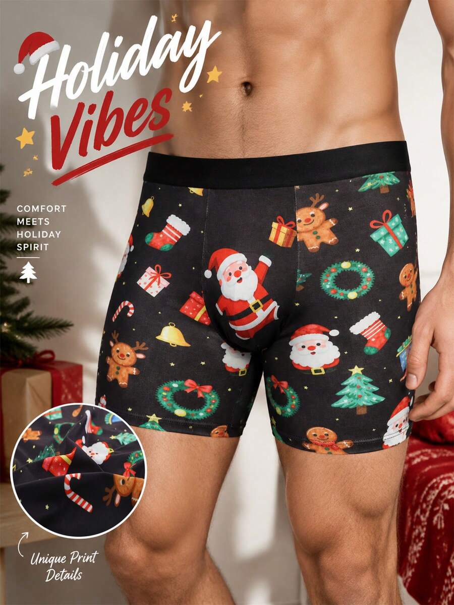 1‑Pack Men Fun Christmas Boxer Briefs, Santa Gingerbread Wreath Bell Print Trunks, Soft Comfortable Fit, Creative Christmas Present For Casual Wear - Multicolor - View 1