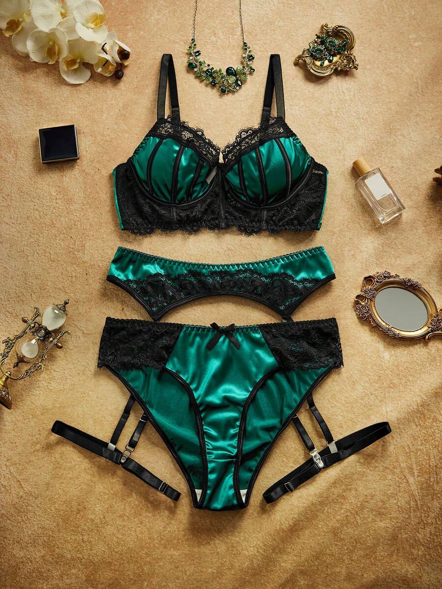 PinupPomp 4pcs Set Plus Size Women's Embroidered Lace Underwire Single Layer Bra, Satin Push Up Low Waist Thong Panty, Garter Belt, Leg Rings - Dark Green - View 1