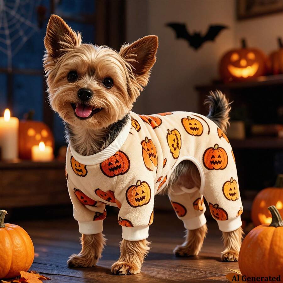 Opjoys 1 buah Jumpsuit Anjing Motif Jahat Halloween, Lembut, Lucu, Nyaman, Ramah Kulit, Rajutan, Desain Empat Kaki, Leher Bulat, Manset Bergaris, Perlindungan Perut Hangat, Anti-Rontok, Pakaian Rumah Hewan Peliharaan Musim Semi dan Musim Gugur Sehari-hari - Putih - View 1