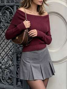 DONICY Women's Elegant Asymmetric Shoulder Ribbed Print Long Sleeve Pullover Sweater, Warm And Comfortable, Fashionable Retro Minimalist Versatile Outing Top - Burgundy - View 4
