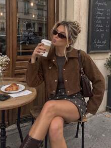 Celebrate The Holidays In Style: Women's Fall/Winter Corduroy Cropped Jacket – Oversized Streetwear Perfect For Back-To-School & Daily Outfits - Brown - View 1