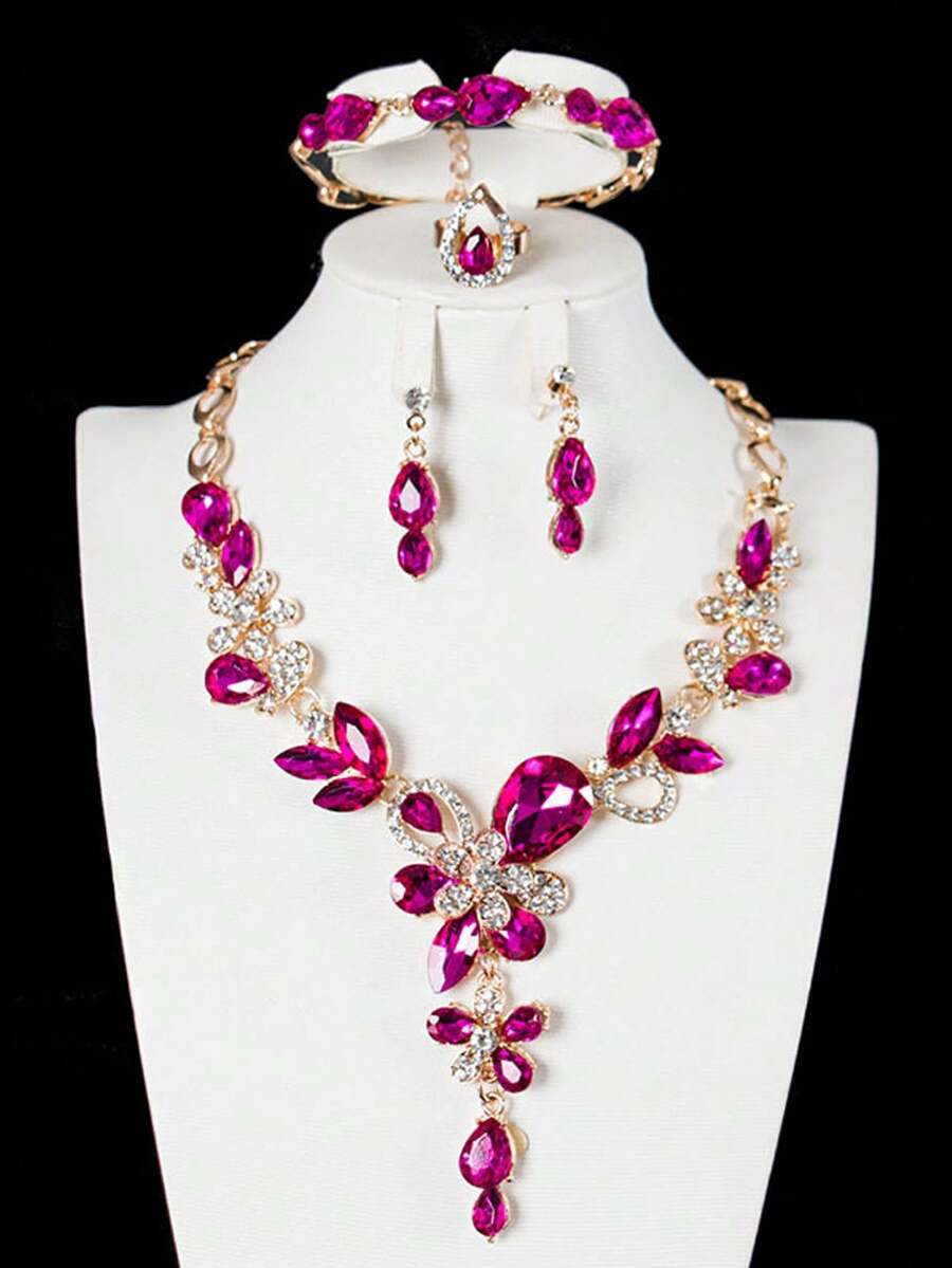 1 Set European And American Fashion Women's Rhinestone Gemstone Flower Water Drop Pendant Collarbone Necklace Set, Suitable For Party, Banquet, Evening Dress, Holiday Events - Flower Water Drop Necklace Set - View 1
