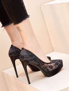1 Pair Solid Color Sexy Fabric Lace Patchwork Waterproof Platform High Heel Stiletto Pointed Toe Pumps For Outdoor Spring Autumn - Black - View 5