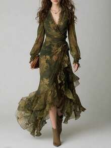 Vestido largo de gasa ligera estampado floral cuello V falda amplia elegante - Verde militar - Ver 8