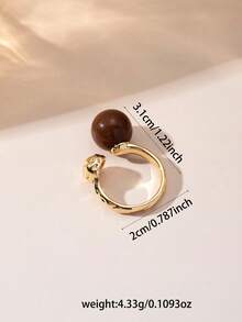 1pc Retro Gold Tone Open Ring, Textured Metal Band With Large Brown Round Bead Statement Adjustable Finger Ring For Women Daily Party Jewelry Gift. - Gold - View 6