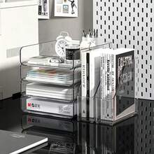 1 Set Clear PET Desktop File Organizer Set, Stackable Paper Document Tray & Upright Book File Sorter Combo, Transparent Desk Storage Holder For Papers, Books, Office Desk Supplies - Sets - View 1