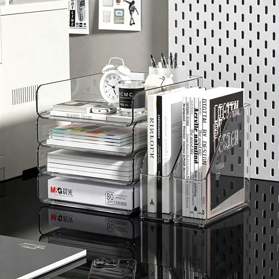 1 Set Clear PET Desktop File Organizer Set, Stackable Paper Document Tray & Upright Book File Sorter Combo, Transparent Desk Storage Holder For Papers, Books, Office Desk Supplies - Sets - View 1