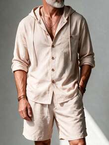 GOLDREDY Men's Fashion Classic Premium Clean-Cut Solid Color Hooded Long Sleeve Shirt With Diagonal Pocket Drawstring Design And Button Decor, Paired With Solid Color Shorts, Suitable For Daily Casual Fashion Minimalist Outings And Commuting, 2-Piece Set - Khaki - View 4