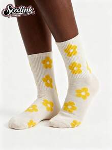 1 Pair Summer Yellow Floral Mid-Calf Socks For Women - Yellow - View 3