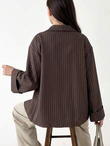 Women's Elegant Striped Long Sleeve Jacket, Suitable For Office Wear, Autumn - Brown - View 6