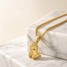 1pc Hip-Hop Style Plated Stainless Steel Hand Pendant Necklace With Box Chain, For Daily Wear - Gold - View 2