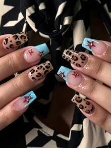 24 buah Kuku Palsu Bentuk Balet, Ujung French Biru dengan Motif Leopard & Bintang, Gaya Baru Musim Gugur/Dingin Vintage, Kuku Tempel yang Dapat Dilepas, Pilihan Hadiah untuk Wanita - MultiWarna - View 6