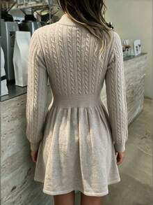 Women's Fall Winter Oatmeal Cable Knit Mock Neck Button Detail Long Sleeve Cinched Waist A-Line Mini Sweater Dress, Elegant Casual Work Wear - Dark Apricot - View 8