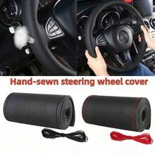 15-Inch/38cm Handmade Steering Wheel Cover, DIY Breathable Anti-Slip Leather Steering Wheel Protector, Car Steering Wheel Cover, Includes Needle And Thread, Decorative Modification Accessory, Fits Most Vehicles - Black - View 1