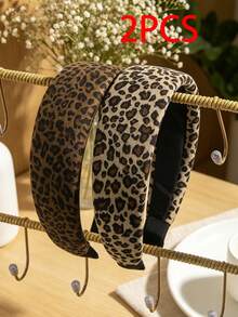 2PCS Vintage Leopard Print Wide Headband For Women, High Crown Design, Covers White Hair, Non-Slip, Anti-Fall, Comfortable Fit, Versatile For Outings, Parties, Travel, Photos, Home, Commuting, Premium Head Accessory, Holiday Gift - Multicolor - View 3