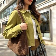 Jaket Kasual Wanita Hijau Modis, Berkerah, Lengan Panjang, dan Dilengkapi Saku, Cocok untuk Tampilan Musim Gugur - Olive Green - View 3