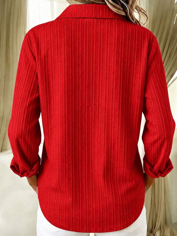 Casual Fashion Ribbed Women's Plus Size Lightweight Breathable Autumn Long Sleeve Button-Up Shirt - Red - View 2