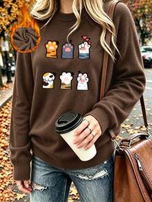 Plus-Size Women's Casual Round Neck Faux Knit Sweater, Cute Cat Paw Print, Fashionable And Versatile Women's Top For Autumn And Winter Commuting. - Brown - View 4