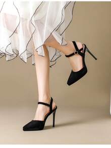 1 Pair Solid Color Business Fabric Buckle Waterproof Platform High Heel Ankle Strap Stiletto Pointed Toe Sandals For Outdoor Spring Autumn - Black - View 3