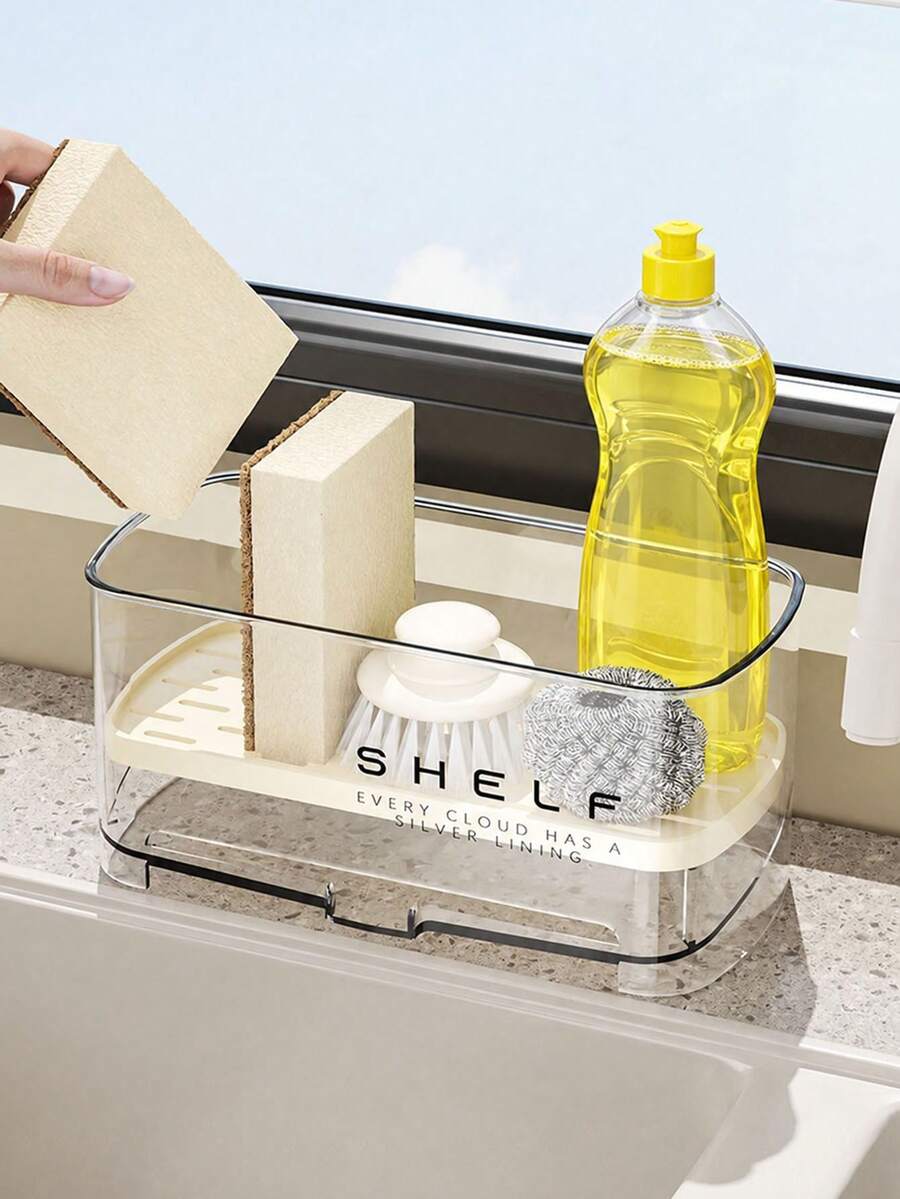 1pc Clear Kitchen Sink Caddy Organizer With Removable Drain Tray, Countertop Sponge & Dish Brush Holder, Dish Soap Storage Rack, Compact Easy-Clean Sink Organizer For Kitchen & Bathroom