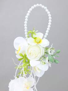 1pc Cascading Faux Pearl Handheld Flower Hoop, Artificial White Rose & Phalaenopsis Long Tear Drop Bouquet, Bridal Wedding Photo Prop - White - View 5