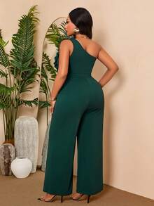 BIUBIU Elegant Emerald Green One Shoulder Plus Size Jumpsuit Featuring Sophisticated Ruffle Details And A Long Leg Design Perfect For Chic Evening Events - Dark Green - View 2
