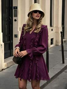 Rusttydustty Women's Vintage Ruffle Tie V-Neck Long Sleeve Short Dress - Purple - View 4
