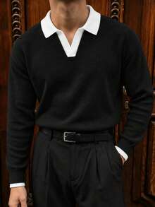 Black And White Contrast Collar Knit Polo Shirt Men's Slim Fit Soft Knit Long Sleeve Base Layer Top - Black - View 2