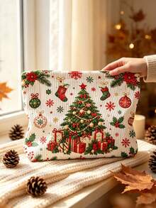 New Christmas Theme Print Pattern Makeup Bag | French Print Travel Organizer Bag | Travel Essentials | Poolside Must-Have | Toiletry Bag | Pool Storage Bag | Mother's Day Gift | Teacher's Day Gift | Suitable For Moms, Teachers, Friends And Nurses | Home Essentials | Graduation Gift | Easy To Clean Design | Portable Makeup Bag - Multicolor - View 3