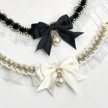 1pc Cute Faux Pearl Bow Tie Cat Collar, Pet Scarf Neckband Bib,Knitted Collar Accessory, Adorable For Dogs Photos - White - View 4