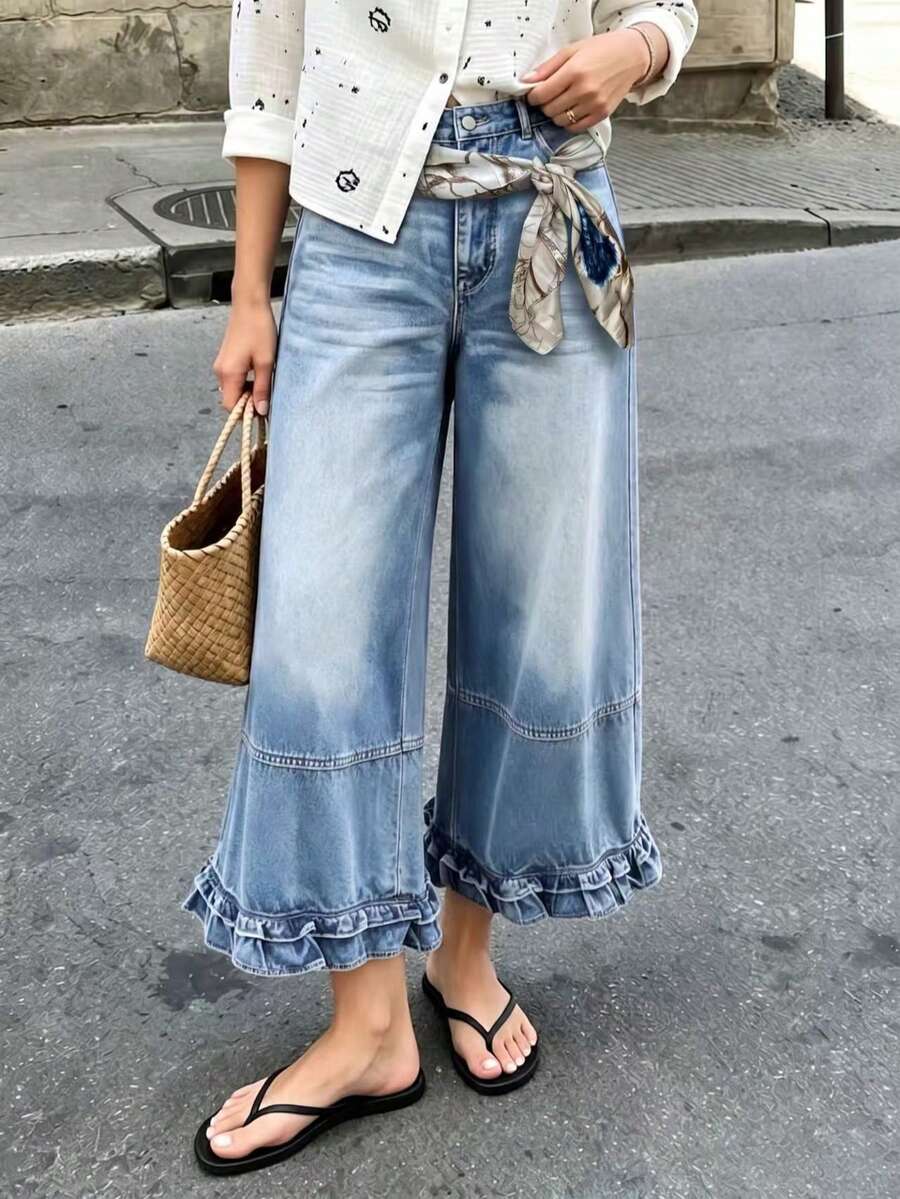 Women's Cat Whisker Straight Leg Jeans, Ruffle Hem, Fashionable Mid-Stretch Casual Style, Scarf Not Included - Medium Wash - View 1