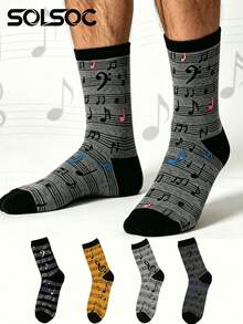 1/4 Pairs Men's Novelty Musical Note Pattern Crew Socks,Soft Breathable Funny Music Themed Dress Socks,For Daily Casual Wear & Holiday Presents - Multicolor - View 1