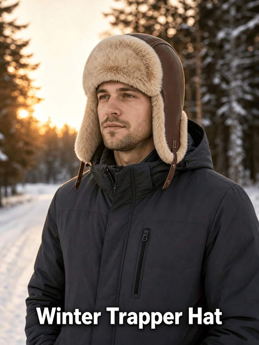 Vintage Aviator Motorcycle Trapper Hat, Unisex Solid Color Thick Warm Thermal Lined Windproof Winter Cap - Multicolor - View 1
