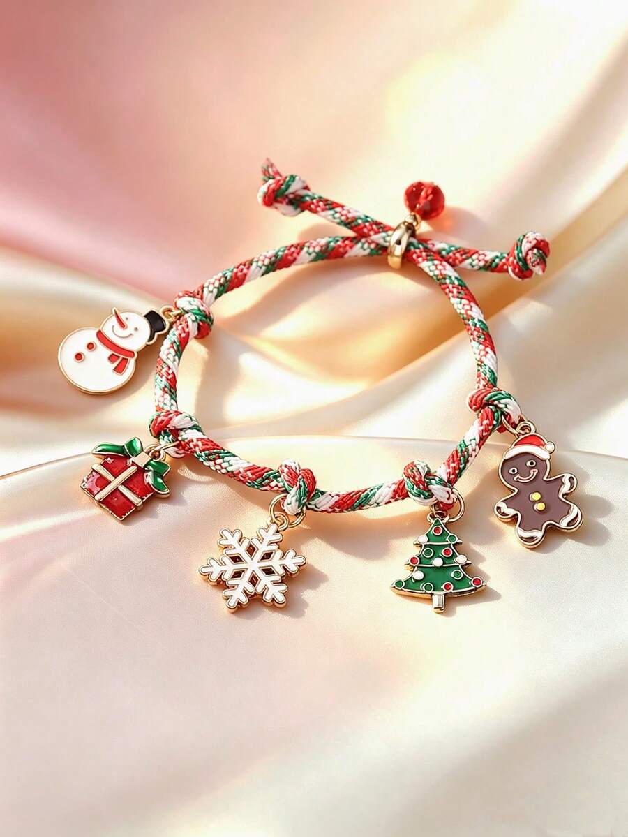 1pc Christmas Festive Cute Painting Christmas Tree Snowflake Gift Box Snowman Gingerbread Man Pendant Adjustable Colorful Rope Bracelet Suitable For Women Holiday Party Gathering Atmosphere Matching Wear Gift For Family And Friends New Year - Multicolor - View 1