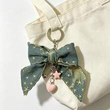 Vintage Star Denim Bow Keychain, Handmade Creative Small Accessory, Girls Best Friend Gift, Bag Charm Decoration - Blue - View 1