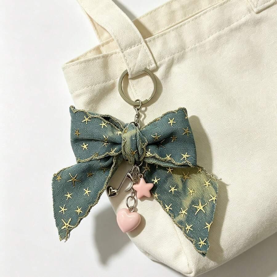Vintage Star Denim Bow Keychain, Handmade Creative Small Accessory, Girls Best Friend Gift, Bag Charm Decoration - Blue - View 1