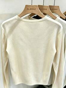 Women's Autumn White Casual Solid Color Crew Neck Long Sleeve Loose Short Pullover Sweater, Lace Patchwork Design - White - View 2