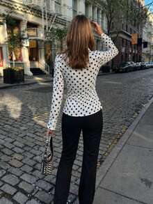 Elegant Casual Daily Autumn Vintage Classic Polka Dot Print Long Sleeve Short Blouse Woven Fashion, Side Waist Ruched Design - Black and White - View 7