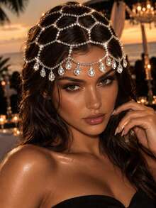 Fashionable Luxury Hollow Mesh Teardrop Pendant Head Chain, Glamorous Party Jewelry For Women ,Hair Accessories, Hair Jewelry, Head Pieces Jewelry, Hair Jewellery, Wedding, Festival Outfits, Rave Accessories, Bride To Be - Silver - View 7
