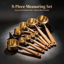 8-Piece Measuring Cups And Spoons Set, Gold Stainless Steel With Natural Wood Handle, Laser Engraved Metric & US Measurements (60ml To 250ml), Stackable Kitchen Measuring Tools For Baking And Cooking - View 10