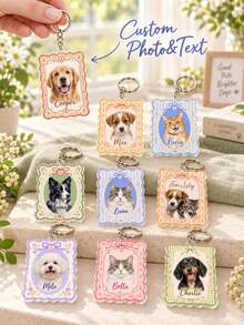 1pc Custom Pet Photo Acrylic Vintage Frame Keychain, Personalized Pet Name Portrait Keyring, Wavy Border Custom Pet Lover Keepsake Gift, Dog Mom Cat Mom Gift - Multicolor - View 1