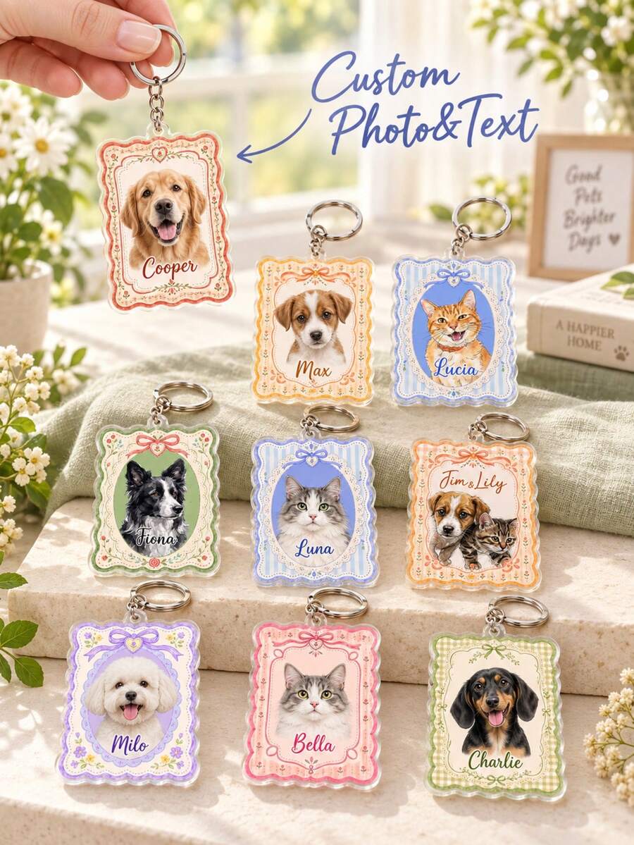 1pc Custom Pet Photo Acrylic Vintage Frame Keychain, Personalized Pet Name Portrait Keyring, Wavy Border Custom Pet Lover Keepsake Gift, Dog Mom Cat Mom Gift - Multicolor - View 1